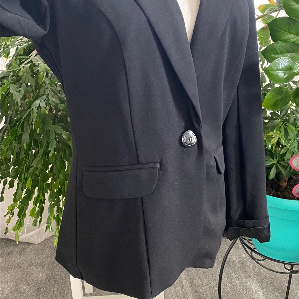 Black Fitted One Button Blazer Power Professional Jacket Button Sleeve Chic Boss - Picture 8 of 17